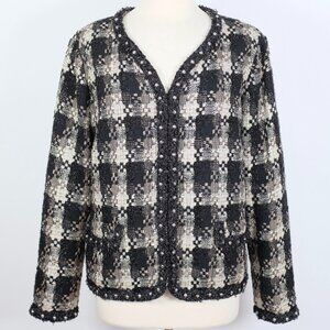 St John Couture 14 jacket black silver beige gold pearl embellished zip front